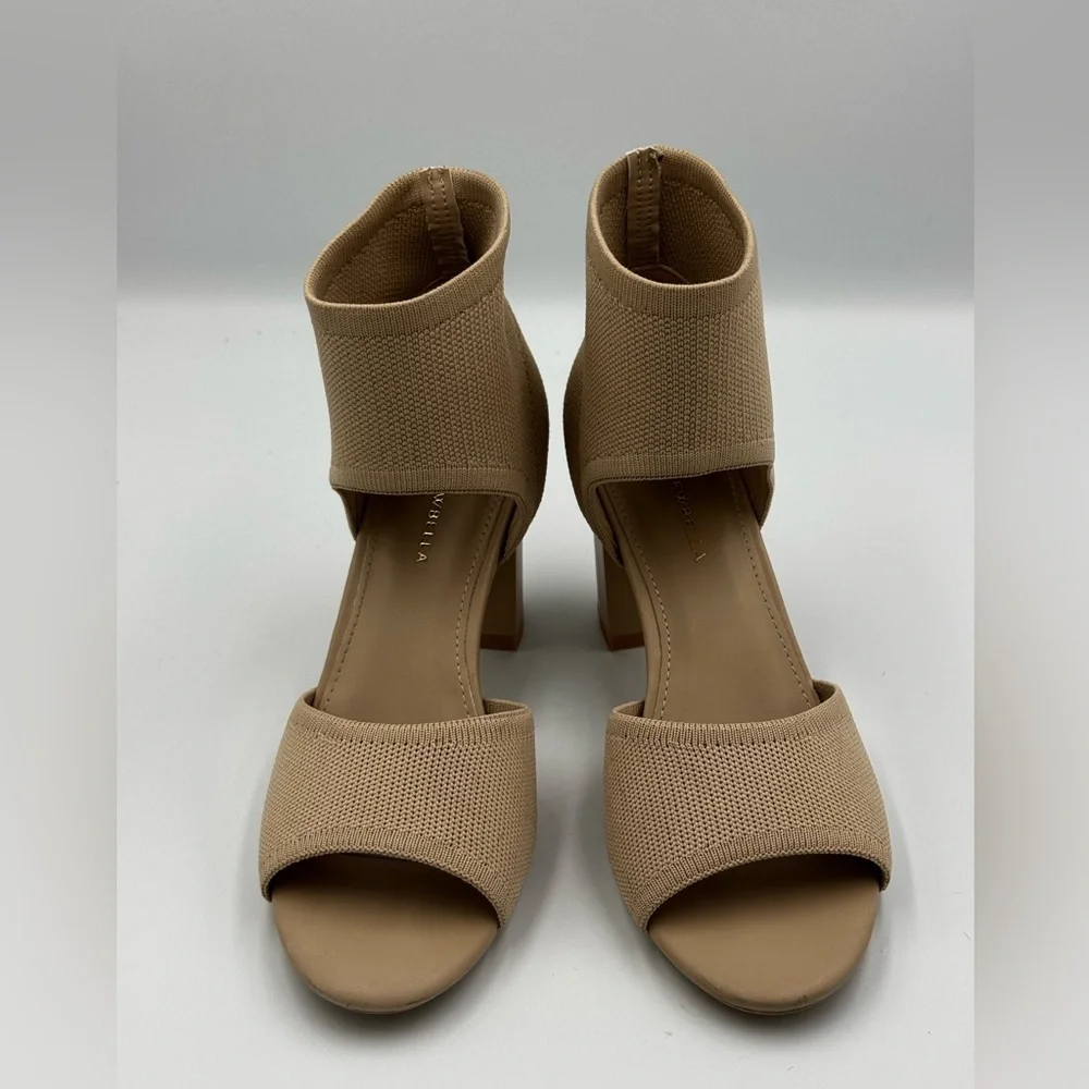 Neutral Sock-Heel Sandals Ankle Strap Block Heels Cream Tan Size 6